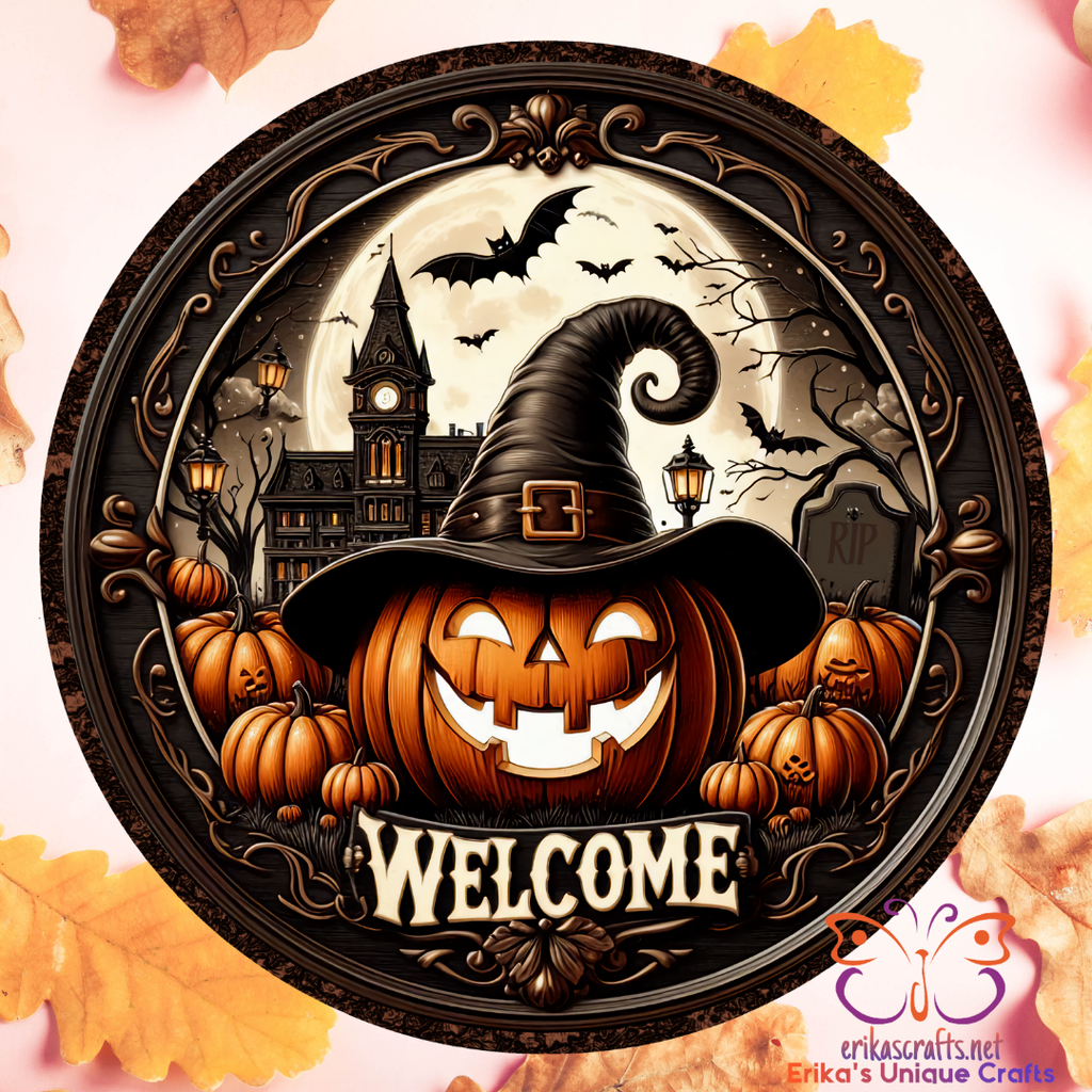 Halloween Welcome Jack Glow In The Dark Metal Round Hanging Door Sign