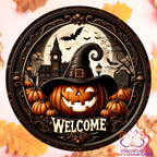 Halloween Welcome Jack Glow In The Dark Metal Round Hanging Door Sign