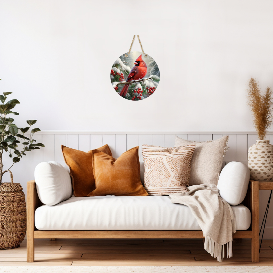 Winter Cardinal Round Hanging Door Sign - Door Sign