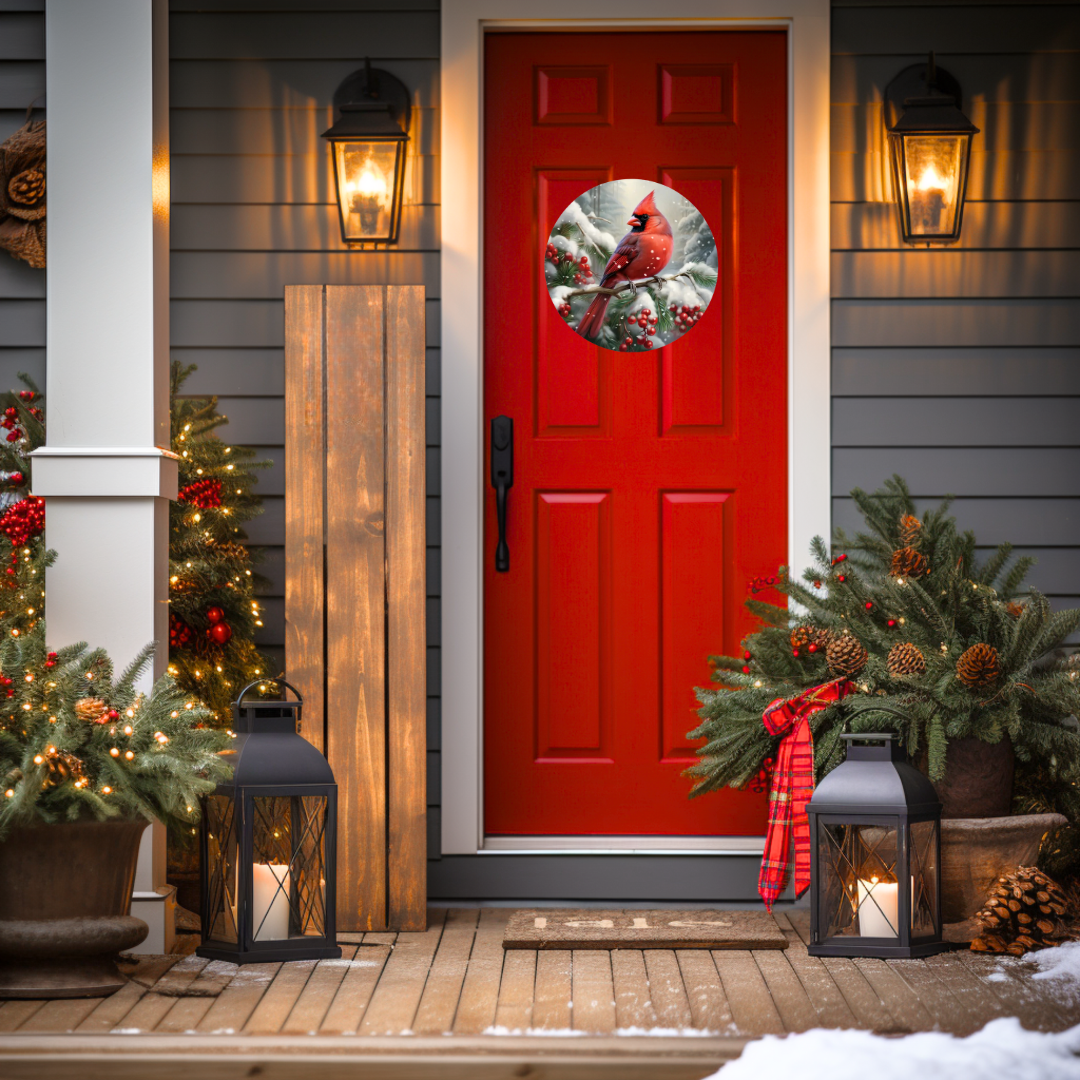 Winter Cardinal Round Hanging Door Sign - Door Sign