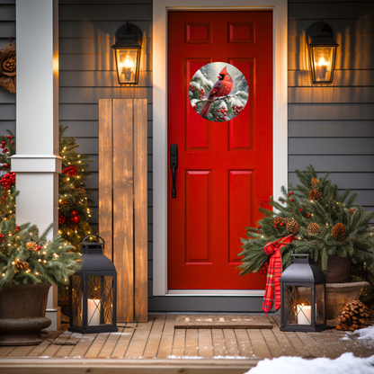 Winter Cardinal Round Hanging Door Sign - Door Sign