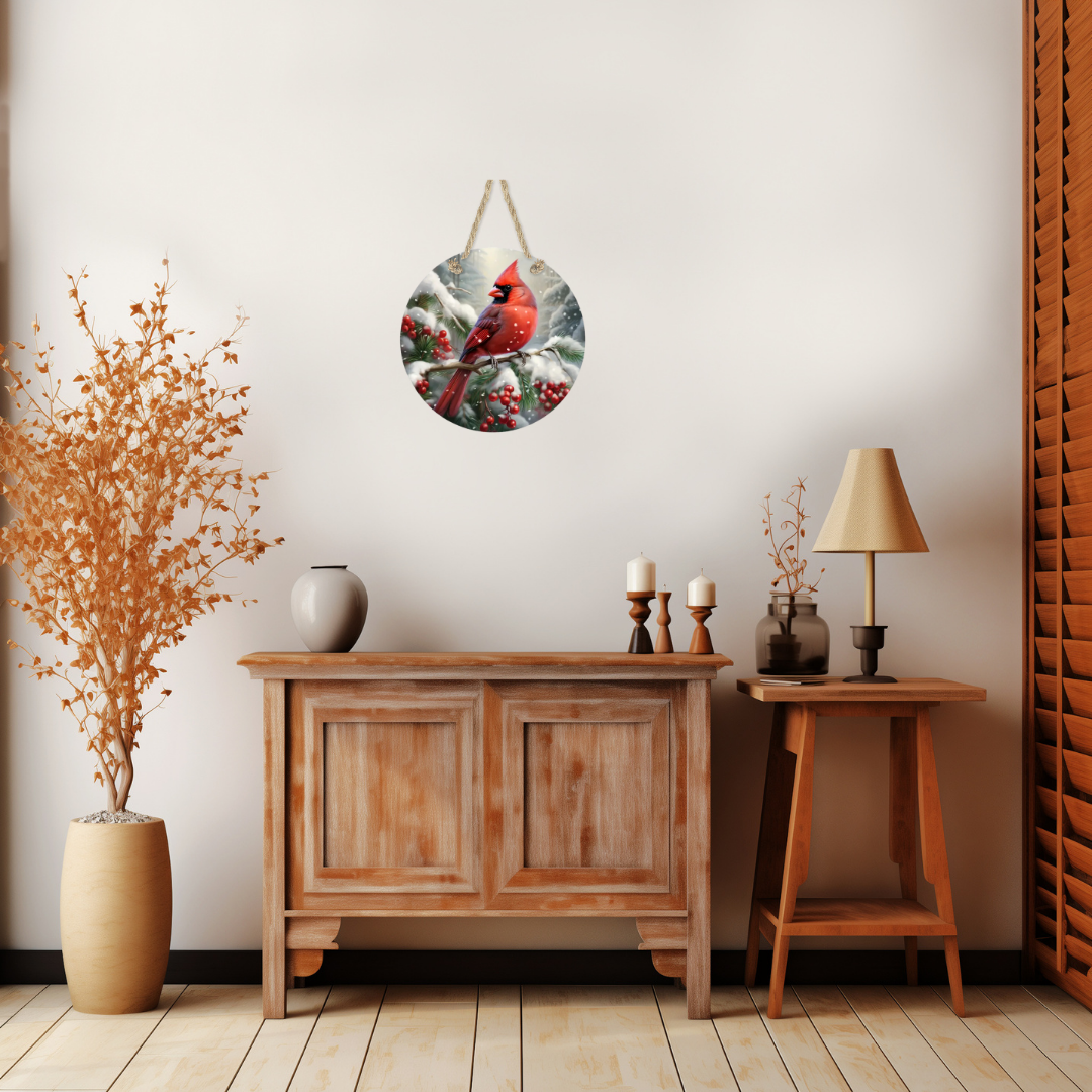 Winter Cardinal Round Hanging Door Sign - Door Sign