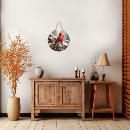 Winter Cardinal Round Hanging Door Sign - Door Sign