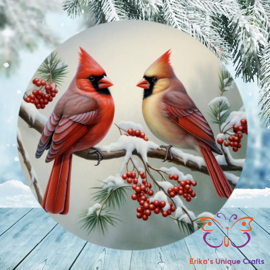 Winter Cardinals Round Hanging Door Sign Door Sign