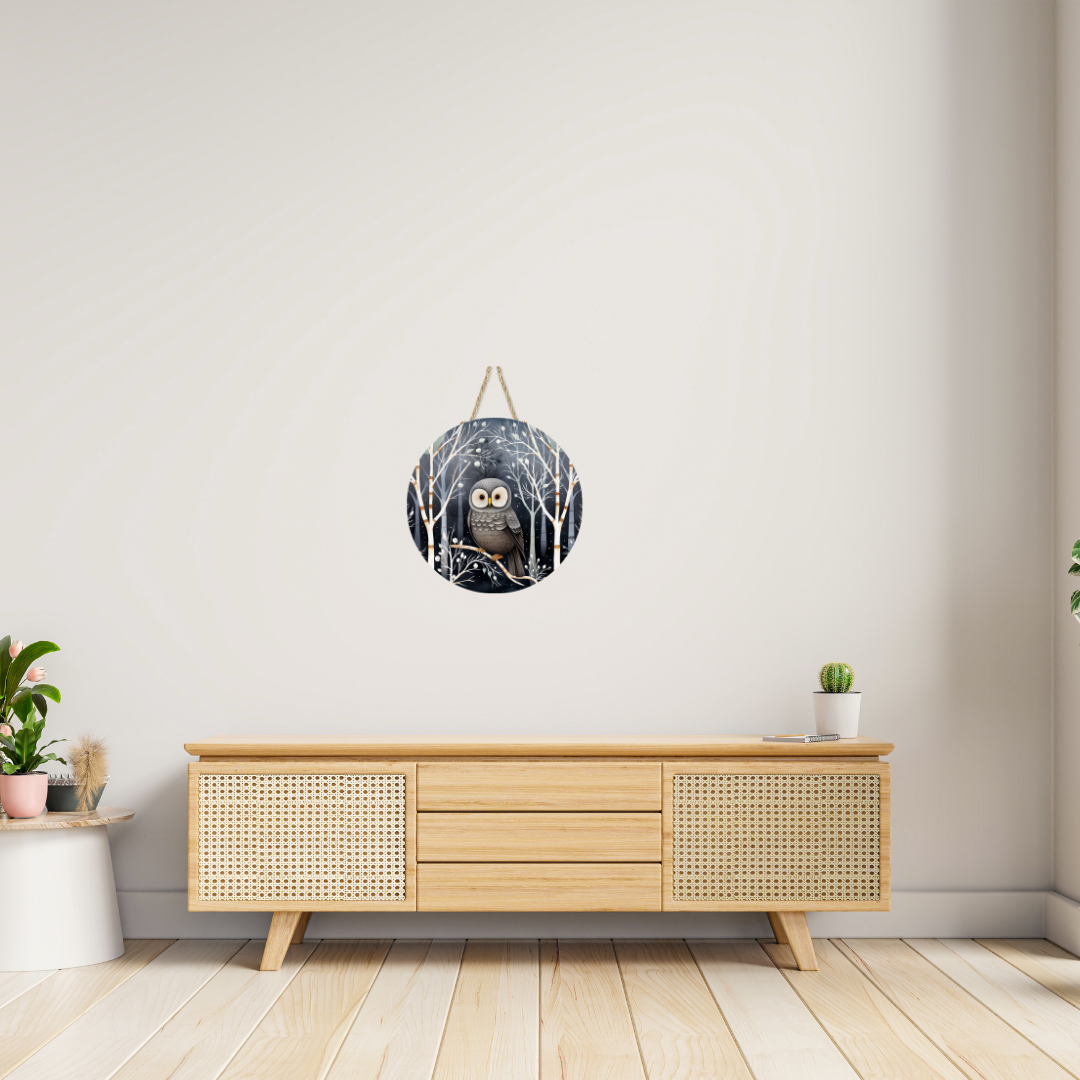 Winter Owl In Tree Round Hanging Door Sign - Door Sign