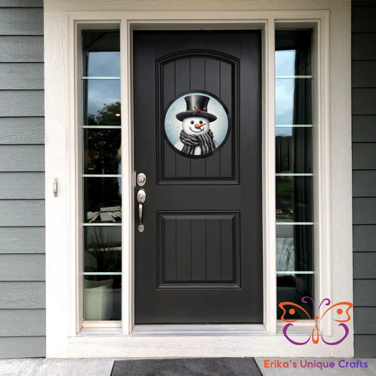 Winter Snow Man Grey and Black Round Hanging Door Sign Door Sign