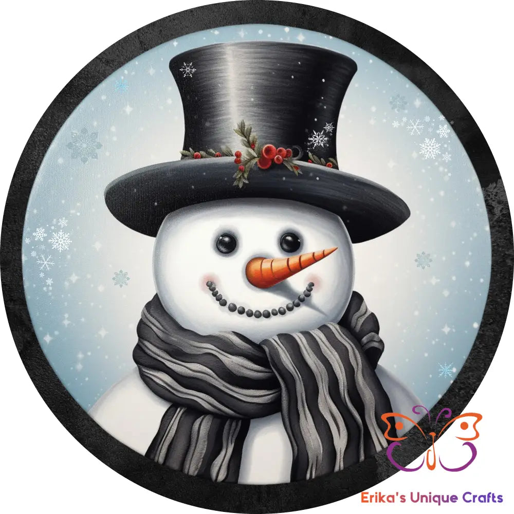 Winter Snow Man Grey and Black Round Hanging Door Sign Door Sign