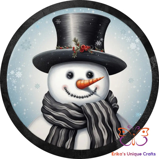Winter Snow Man Grey and Black Round Hanging Door Sign Door Sign