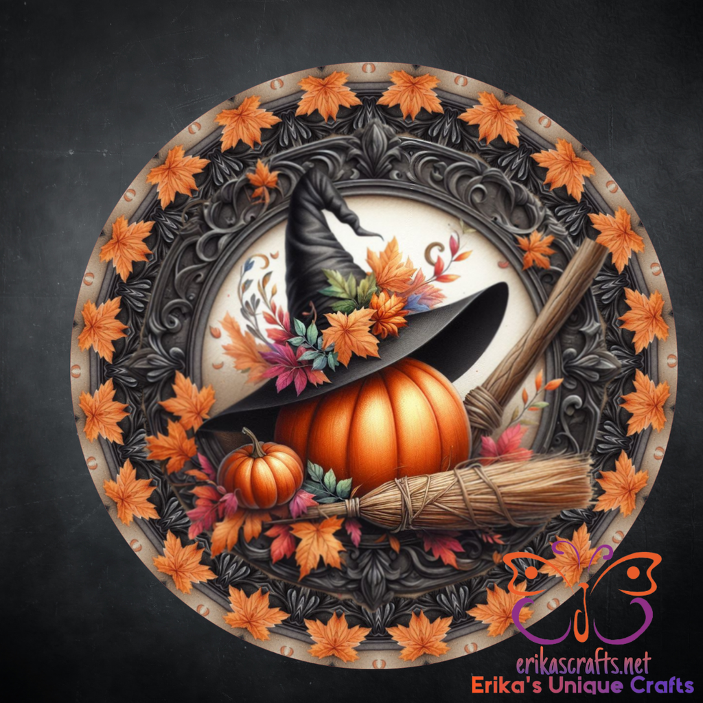 Fall Witch Hat Pumpkin Metal Door Sign