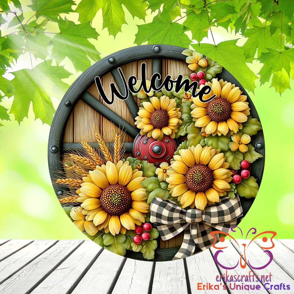 Wagon Wheel Sunflower Metal Door Sign