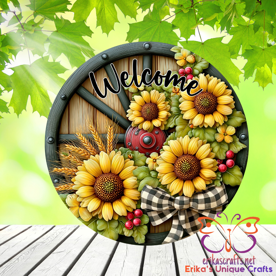 Wagon Wheel Sunflower Metal Door Sign