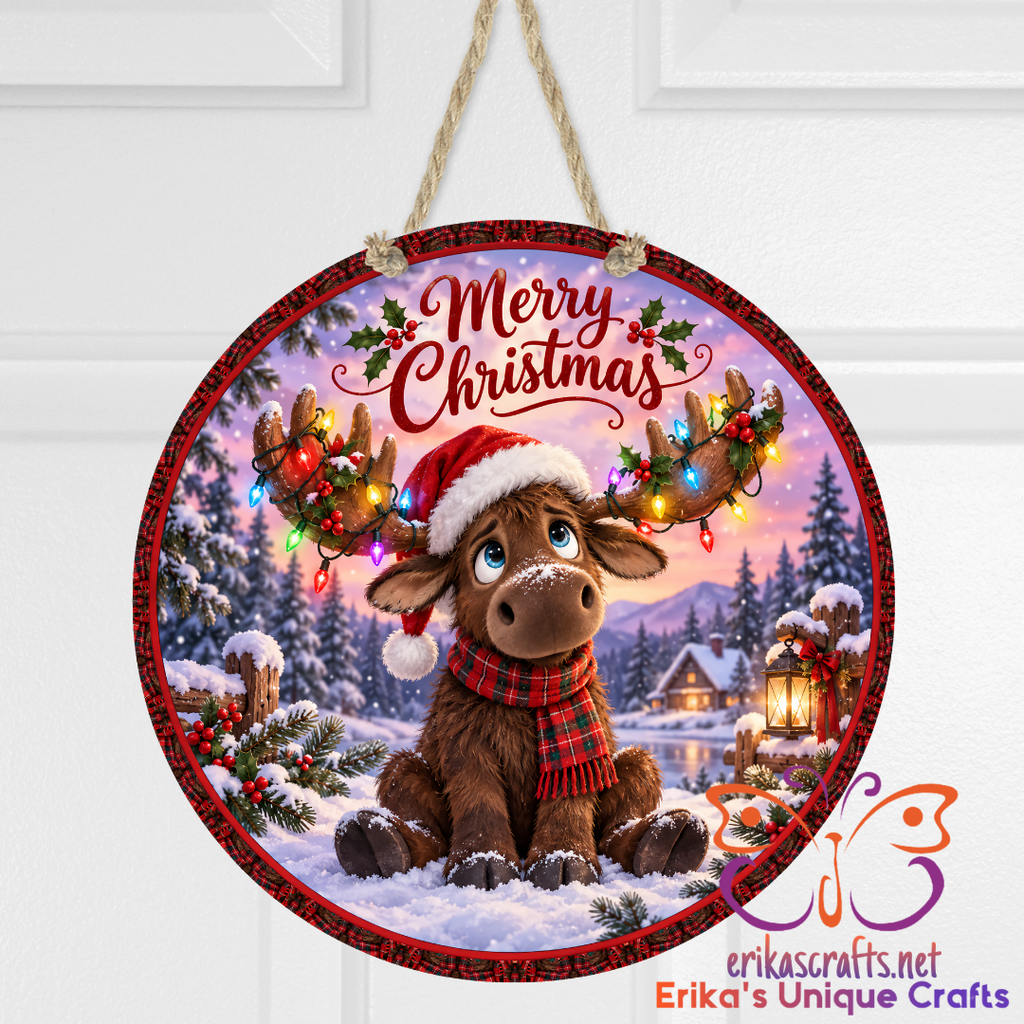 Merry Christmas Moose Round Metal Door Sign