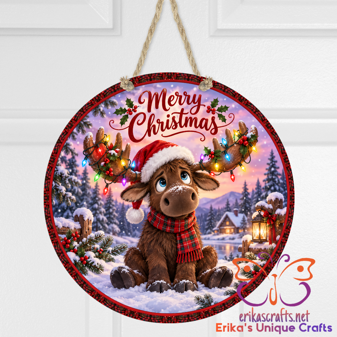 Merry Christmas Moose Round Metal Door Sign