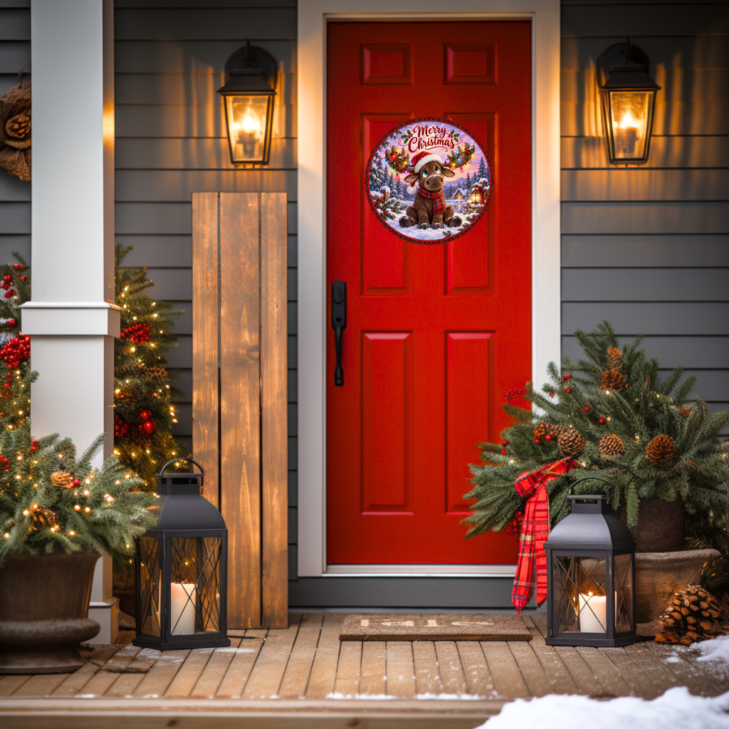 Merry Christmas Moose Round Metal Door Sign