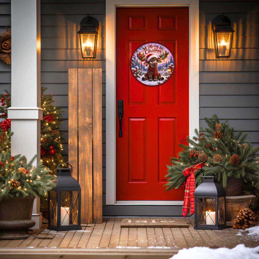 Merry Christmas Moose Round Metal Door Sign